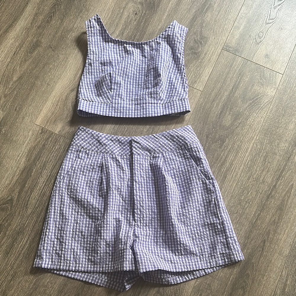 💕BOGO💕SHEIN Purple Gingham Crop Top and Shorts matching Set